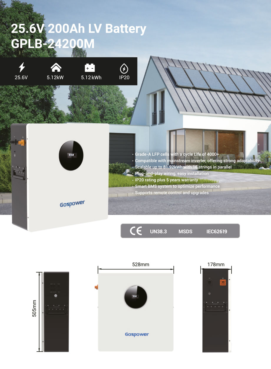 Batería de litio 25.6V 200Ah Gospower GPLB-24200M para sistemas solares